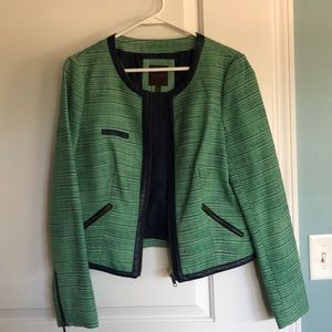 Limited green tweed blazer with faux leather trim